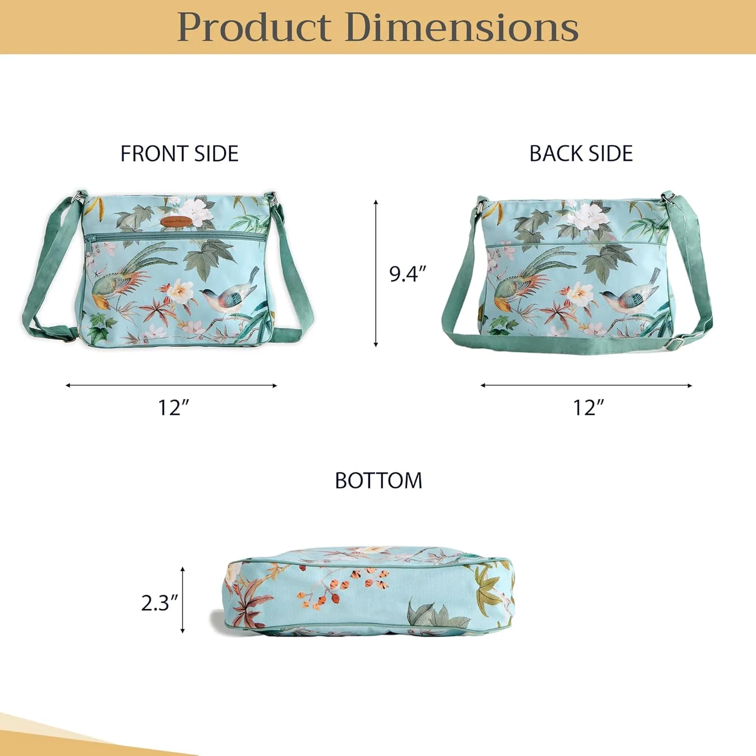 Maison d' Hermine Cross Body Bag Cotton Adjustable Shoulder Strap Hand Bag Tote purse with Zippered & Slip Pockets