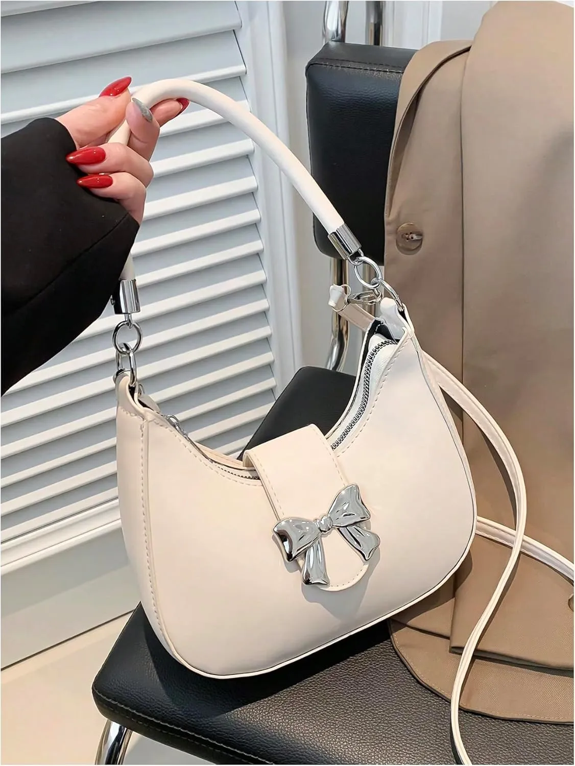 MakeMeChic Women's Shoulder Handbags PU Leather Zipper Bow Crossbody Bags Medium Purses