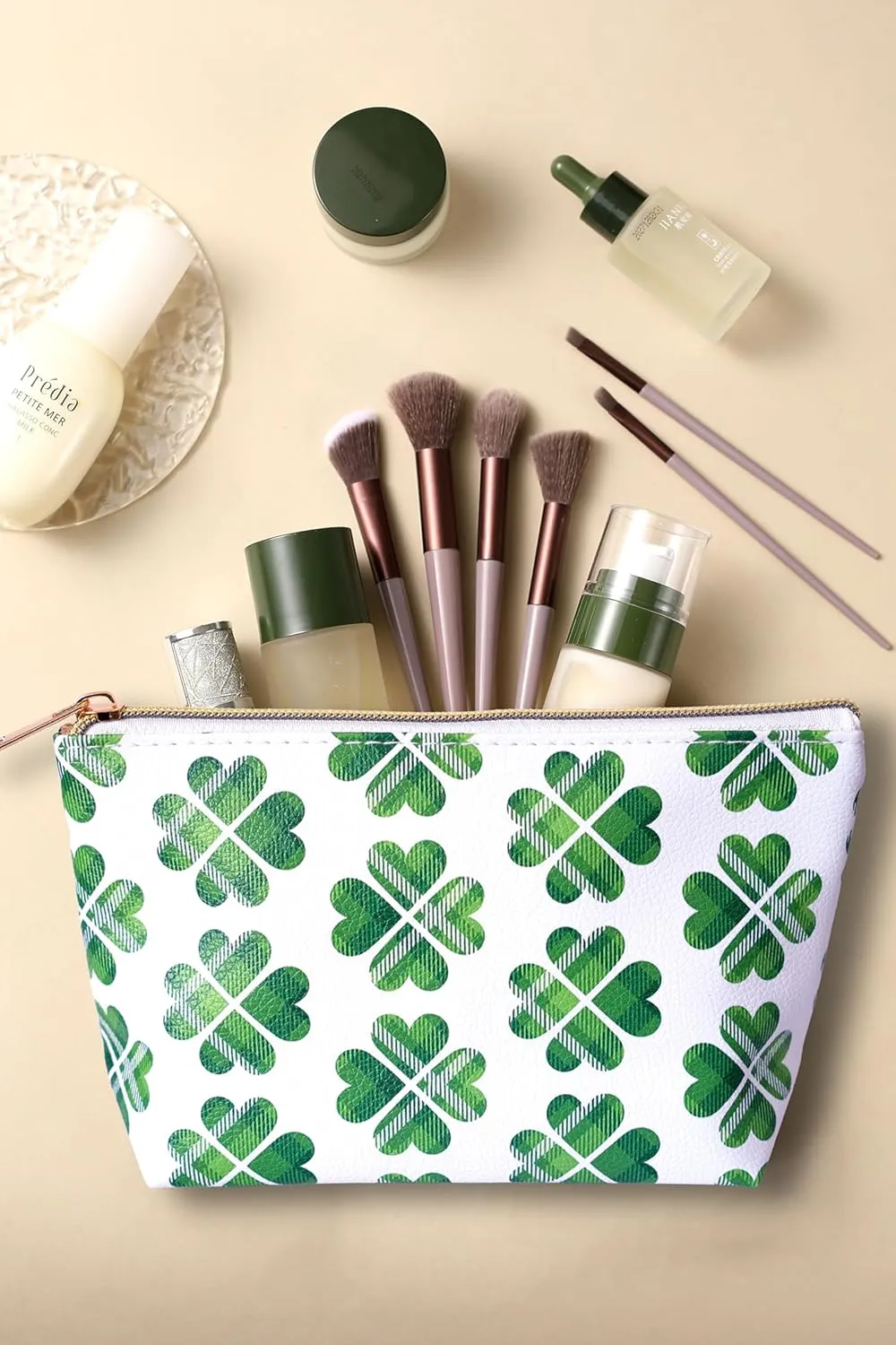 Makeup Bag for Women, PU Leather Cosmetic Bag, Waterproof Travel Toiletry Organizer Pouch (Four-leaf Clover - SET)