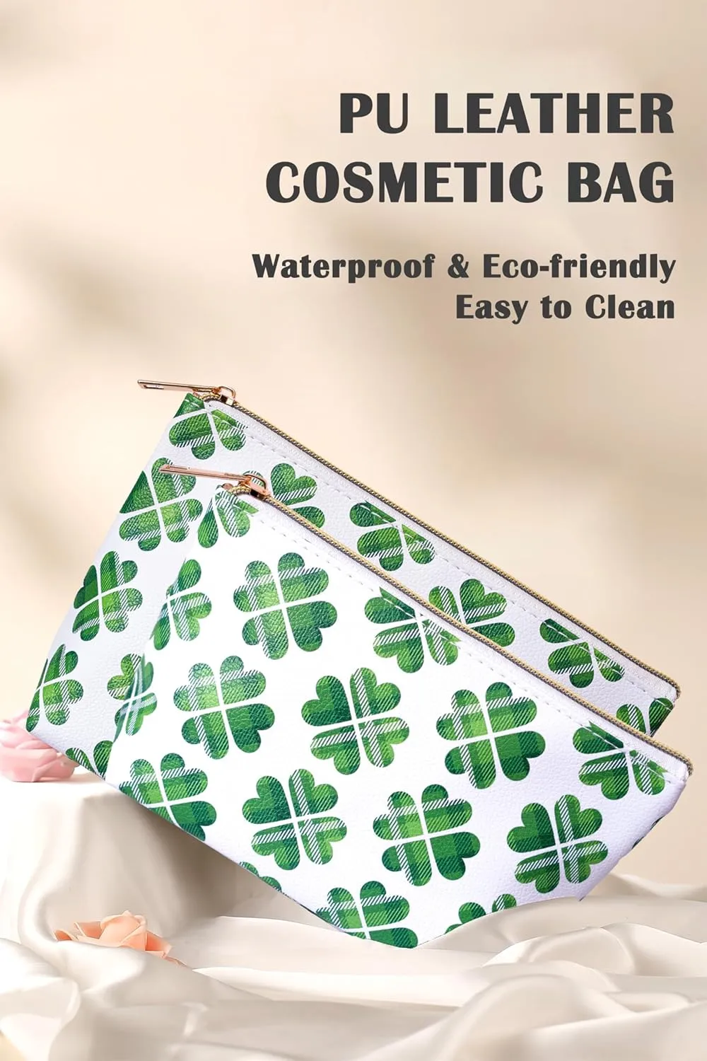 Makeup Bag for Women, PU Leather Cosmetic Bag, Waterproof Travel Toiletry Organizer Pouch (Four-leaf Clover - SET)