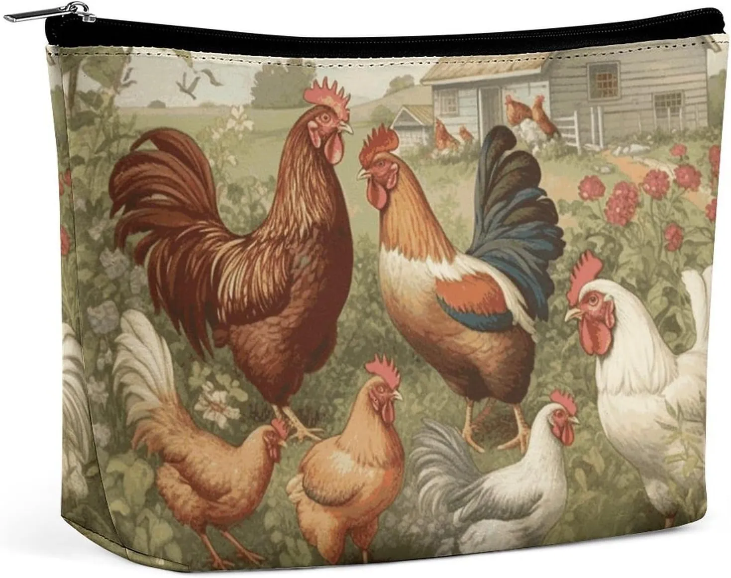 Makeup Bags Large Capacity Cosmetic Bags for Women Chickens And Farm Open Flat Toiletry Bag Waterproof Makeup Pouch Portable Cosmetic Organizer Makeups Train for Travel Gift