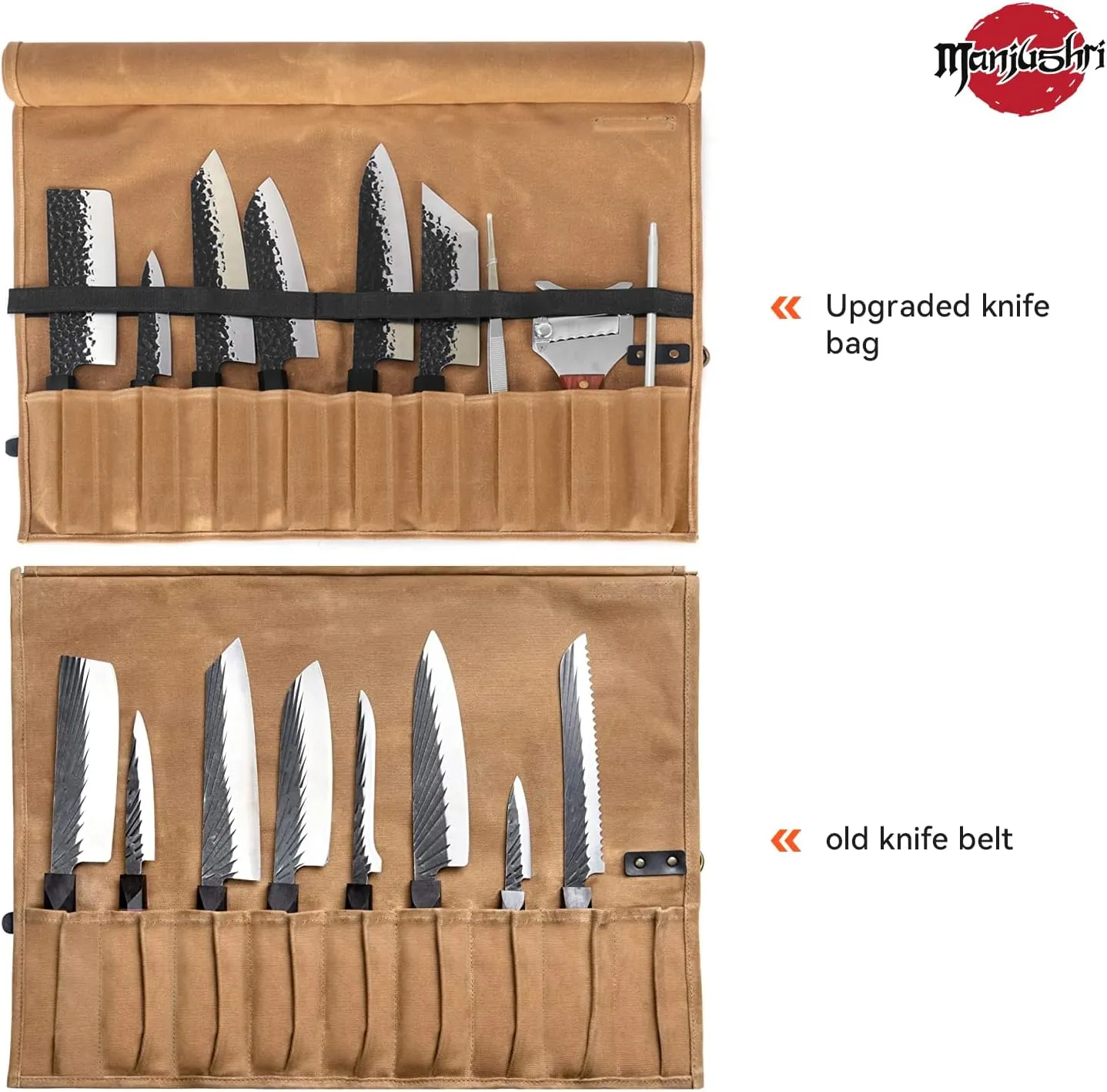 Manjushri Chef Knife 9 Pocket Canvas Roll Bag with Genuiene Leather Belt.