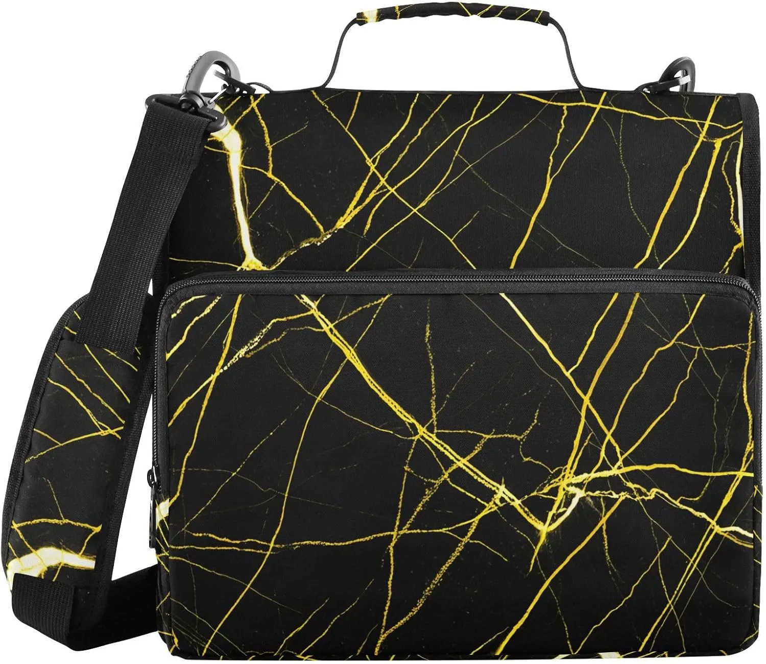 Marble Texture Black 3 Ring Zipper Binder with Shoulder Strap File Folder Organizer for School Office Supplies Storage