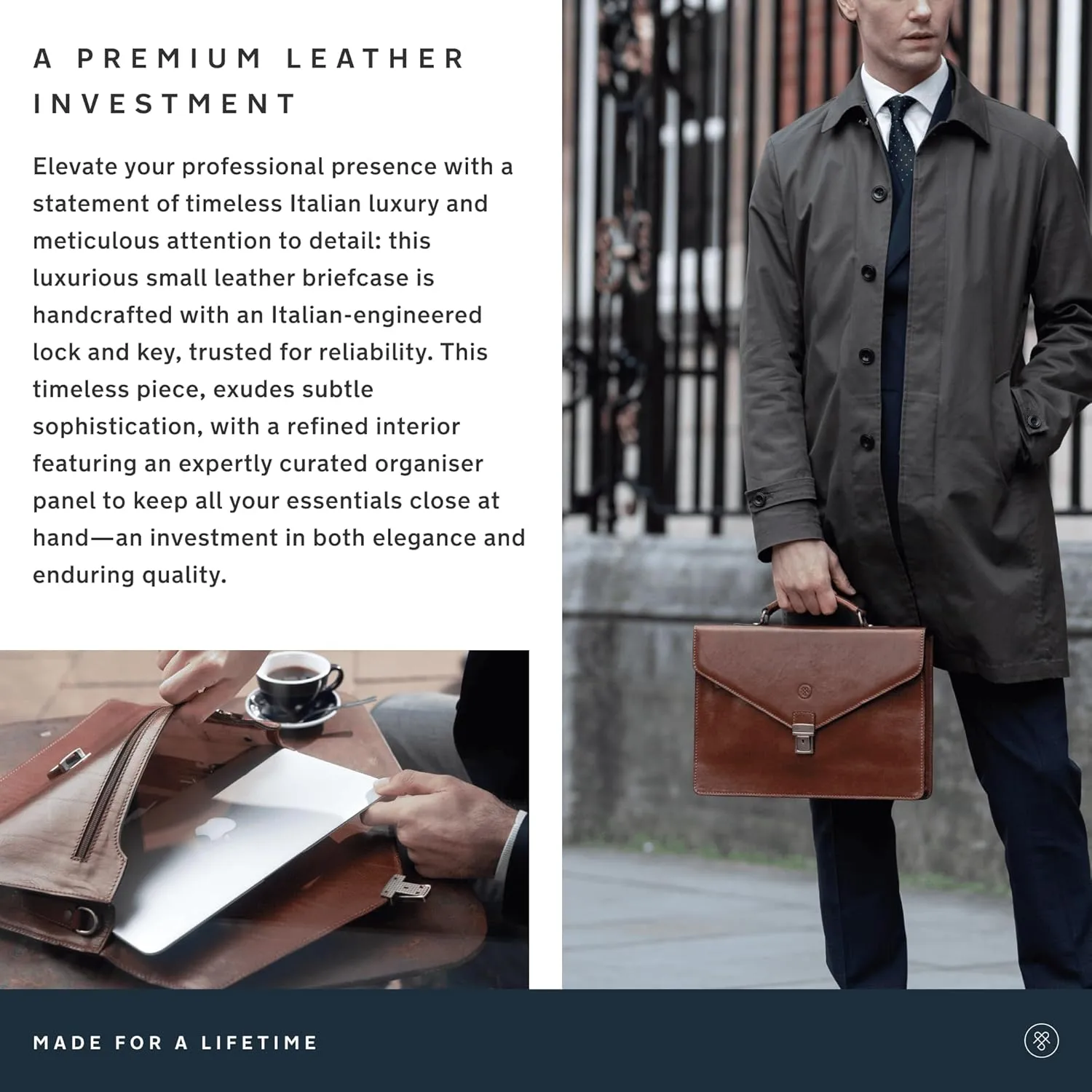Maxwell Scott - Luxury Leather Slim Small Briefcase - 1 Section with Shoulder Strap and Key Lock - The Lorenzo