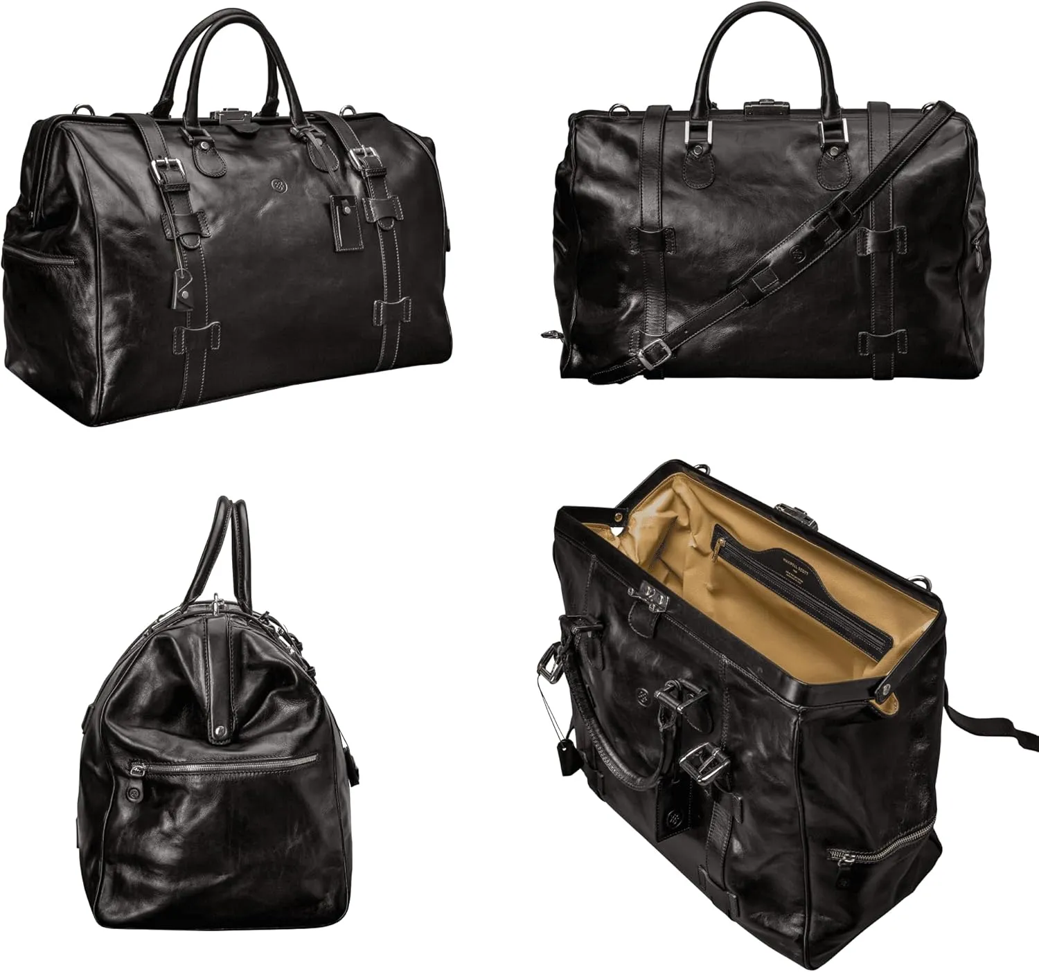 Maxwell Scott - Mens Luxury Leather Large Gladstone Duffle Bag for Luxury Travelling - The Gassano Large Black