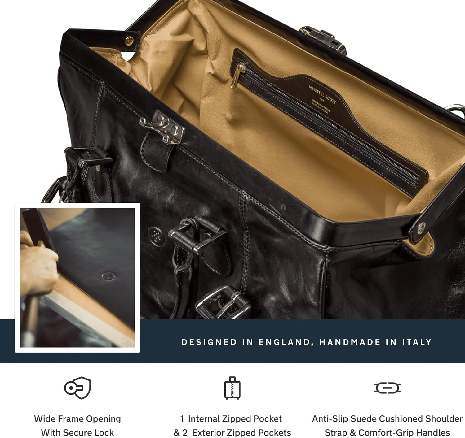 Maxwell Scott - Mens Luxury Leather Large Gladstone Duffle Bag for Luxury Travelling - The Gassano Large Black