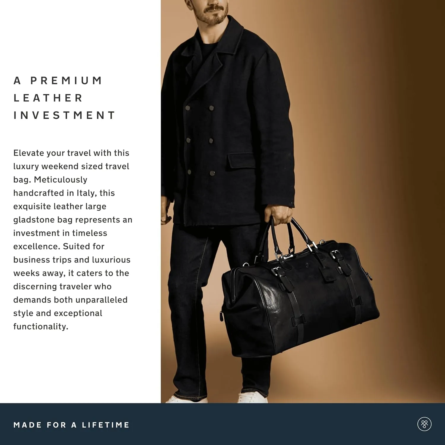 Maxwell Scott - Mens Luxury Leather Large Gladstone Duffle Bag for Luxury Travelling - The Gassano Large Black
