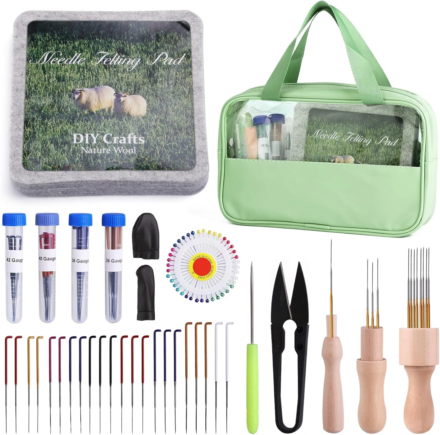 Mayboos Felting Kit - 6"x6" Felting Pad & Tools with Needles, Finger Guards, Wooden Handle Scissor, Bag for Beginner & Professional DIY