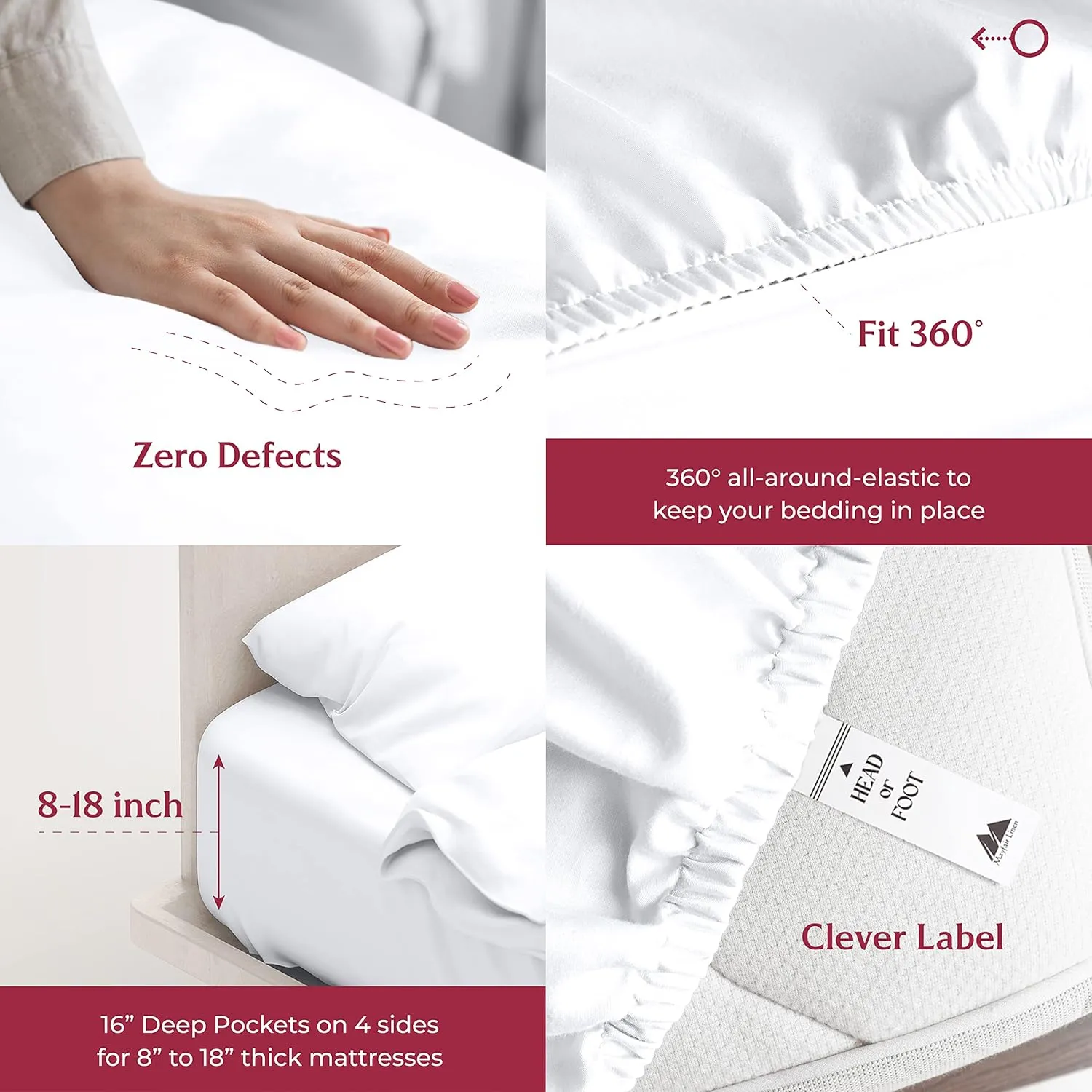 Mayfair Linen 100% Egyptian Cotton Sheets Queen Size - Luxury High Thread Count Egyptian Cotton Queen Sheet Set (4 PC, White), 16" Deep Pocket Bed Set, Silky Soft, Cooling, Sateen Weave Bedding