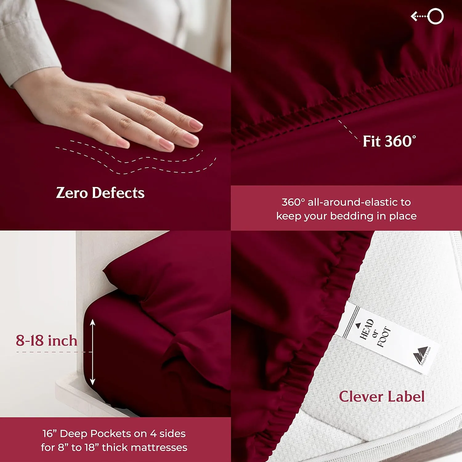 Mayfair Linen Egyptian Cotton Sheet Set - 800 TC 4 PC Burgundy Queen Bedsheet for Queen Size Bed, Sateen Weave Luxury Hotel Sheets, Soft Cooling Sheets, 16" Deep Pocket (Fits Upto 18" Mattress)