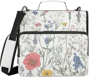 Meadow Poppy Field White 3 Ring Zipper Binder with Shoulder Strap Portfolio Binder Case for Business School Work Document Storage