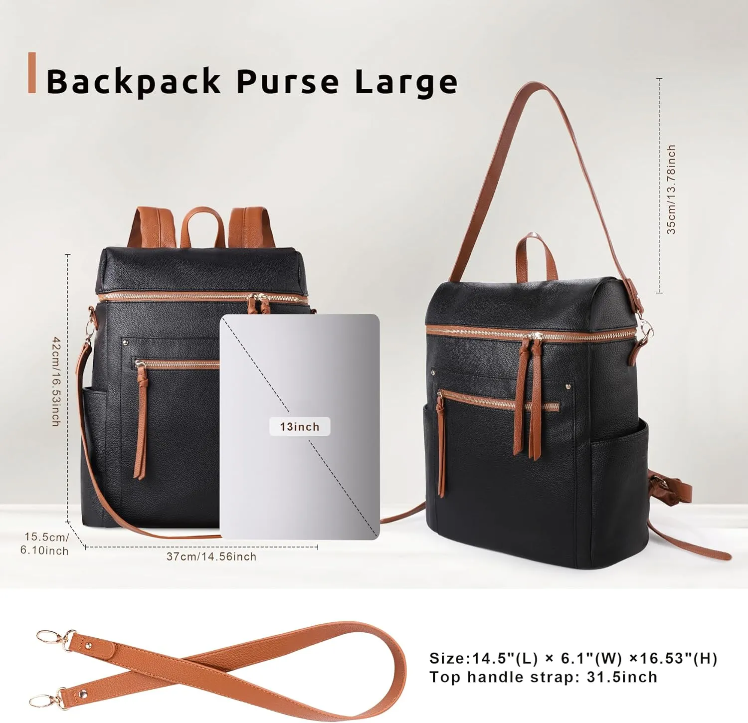 MEEJUNE Large Leather Backpack for Women Backpack Purse with Luggage Strap Crossdody Bag Travel Fashion Backpack Designer Ladies Shoulder bag with Adjustable Strap
