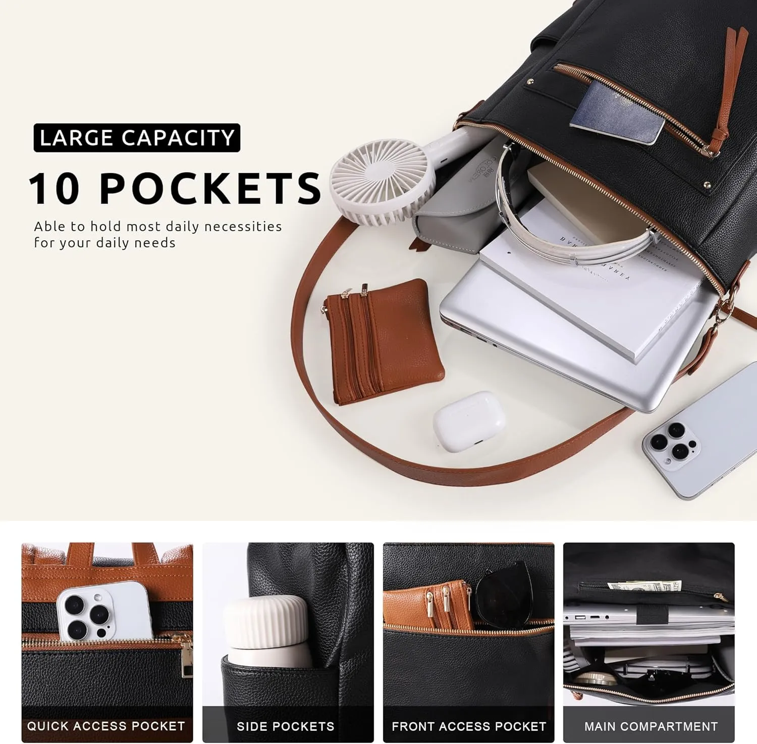 MEEJUNE Large Leather Backpack for Women Backpack Purse with Luggage Strap Crossdody Bag Travel Fashion Backpack Designer Ladies Shoulder bag with Adjustable Strap