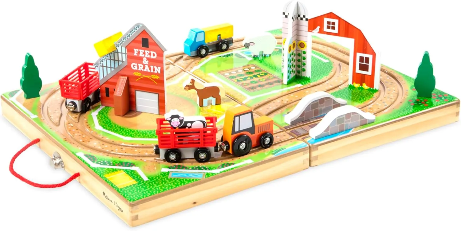 Melissa & Doug 17-Piece Wooden Take-Along Tabletop Farm, 4 Farm Vehicles, Play Pieces, Barn, Grain House Take-Along Pretend Play Toy Barn Toys For Toddlers Ages 1 