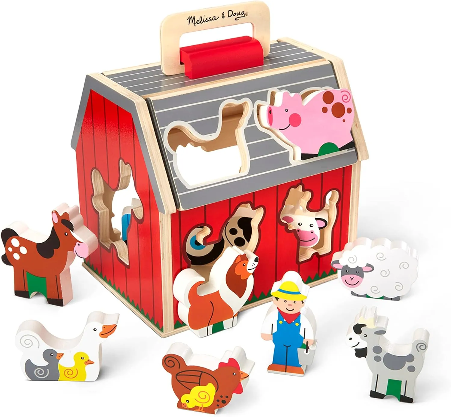 Melissa & Doug Wooden Take-Along Barn Toy with Flip-Up Roof and Handle, 10 Farm Play Pieces, Shape Sorting And Stacking Learning Toys For Toddlers And Kids Ages 2 