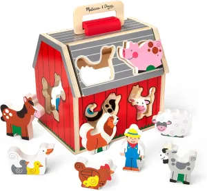 Melissa & Doug Wooden Take-Along Barn Toy with Flip-Up Roof and Handle, 10 Farm Play Pieces, Shape Sorting And Stacking Learning Toys For Toddlers And Kids Ages 2 