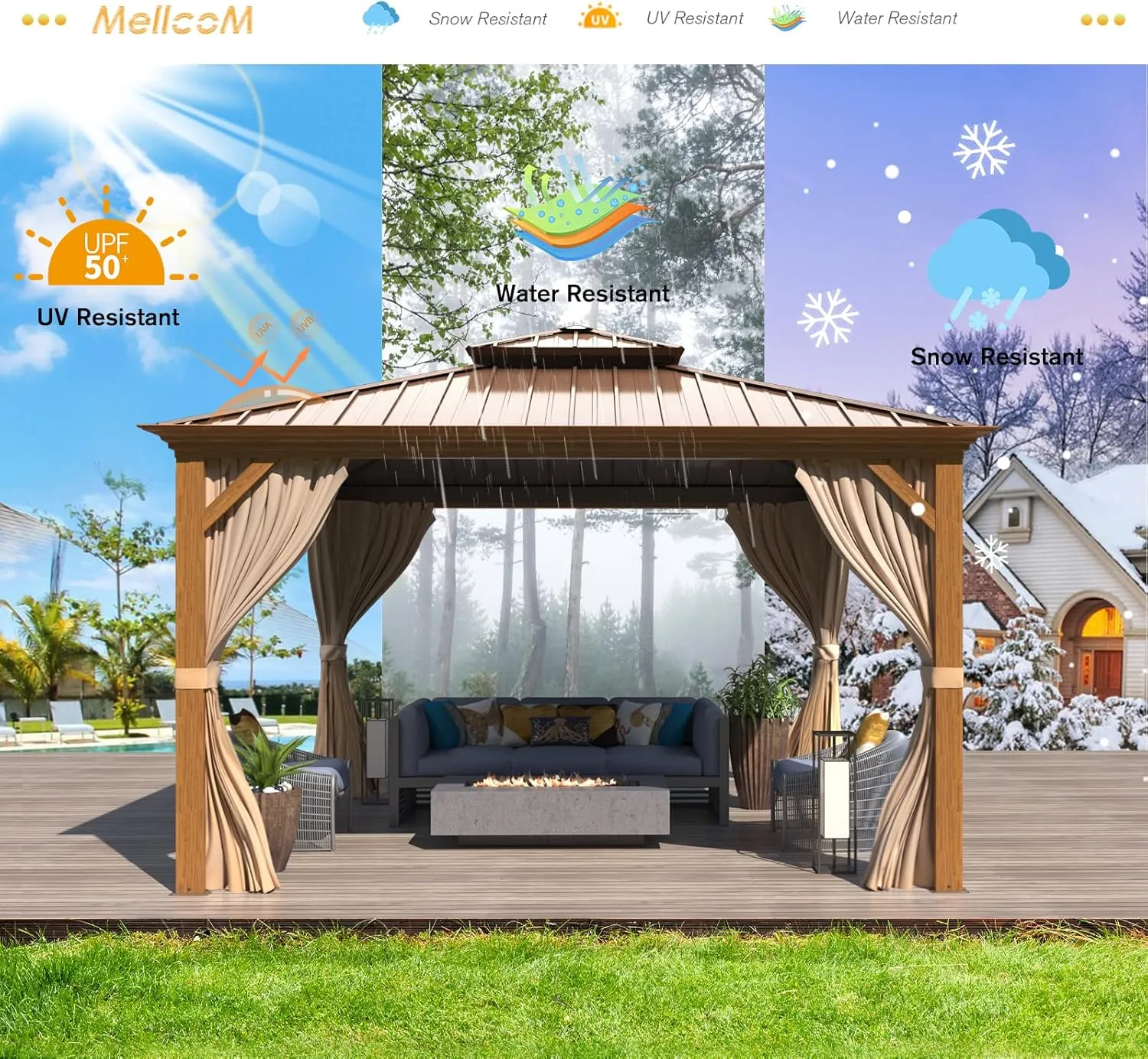 MELLCOM 12'x12' Hardtop Gazebo, Wood Grain Aluminum Frame Outdoor Gazebo with Double Galvanized Steel Roof, Permanent Metal Pavilion with Curtains and Nettings for Patio, Backyard, Deck and Lawns