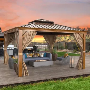 MELLCOM 12'x12' Hardtop Gazebo, Wood Grain Aluminum Frame Outdoor Gazebo with Double Galvanized Steel Roof, Permanent Metal Pavilion with Curtains and Nettings for Patio, Backyard, Deck and Lawns