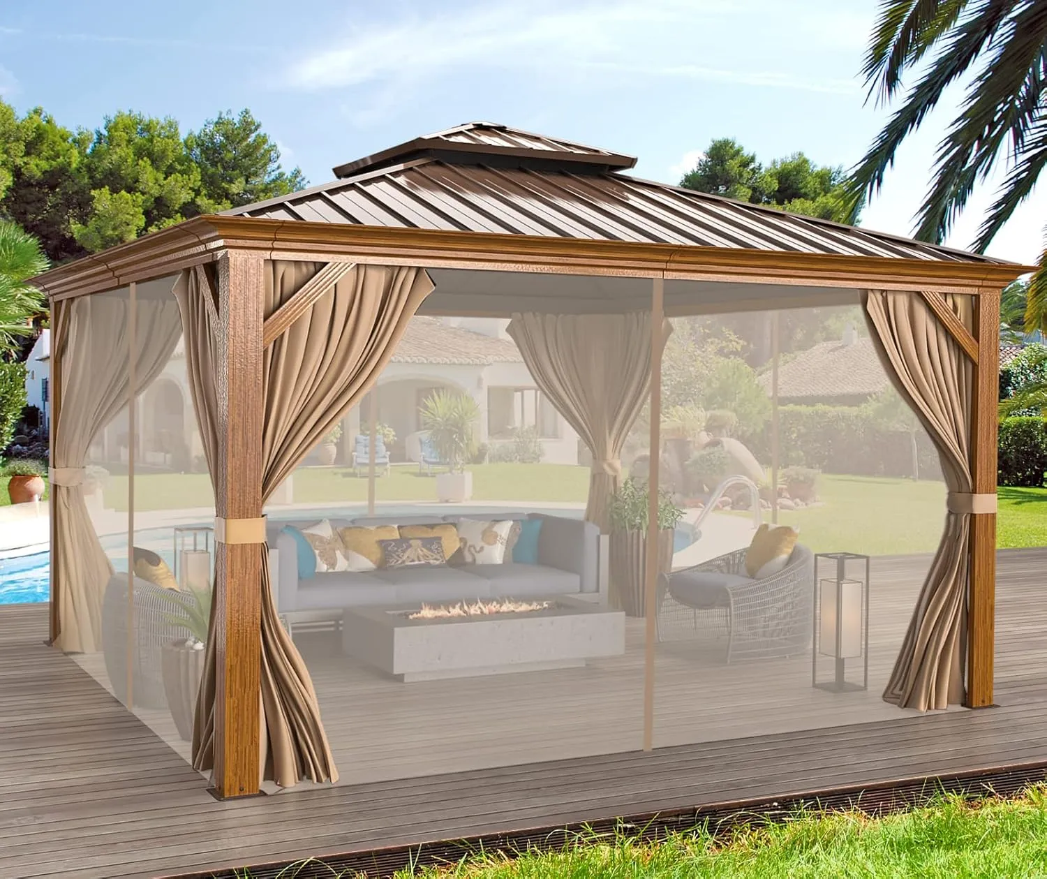 MELLCOM 12'x12' Hardtop Gazebo, Wood Grain Aluminum Frame Outdoor Gazebo with Double Galvanized Steel Roof, Permanent Metal Pavilion with Curtains and Nettings for Patio, Backyard, Deck and Lawns