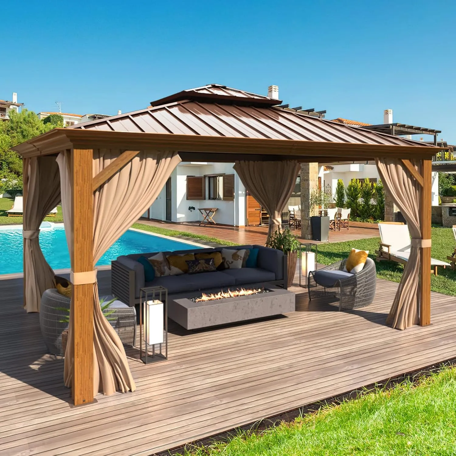 MELLCOM 12'x12' Hardtop Gazebo, Wood Grain Aluminum Frame Outdoor Gazebo with Double Galvanized Steel Roof, Permanent Metal Pavilion with Curtains and Nettings for Patio, Backyard, Deck and Lawns