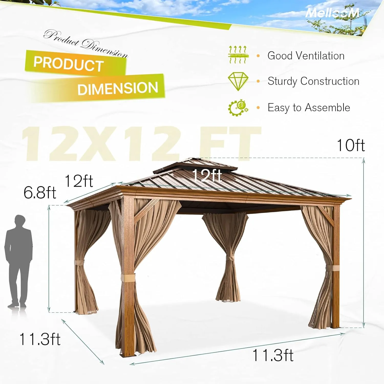 MELLCOM 12'x12' Hardtop Gazebo, Wood Grain Aluminum Frame Outdoor Gazebo with Double Galvanized Steel Roof, Permanent Metal Pavilion with Curtains and Nettings for Patio, Backyard, Deck and Lawns