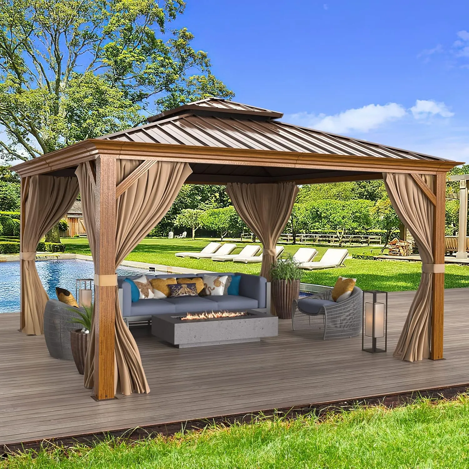 MELLCOM 12'x12' Hardtop Gazebo, Wood Grain Aluminum Frame Outdoor Gazebo with Double Galvanized Steel Roof, Permanent Metal Pavilion with Curtains and Nettings for Patio, Backyard, Deck and Lawns