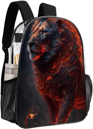 Men & Women Lightweight Cool Lion Fire Surreal Style Art Casual Daypack Large Capacity Bookbag Transparent Bag for Gym Business Bicycle