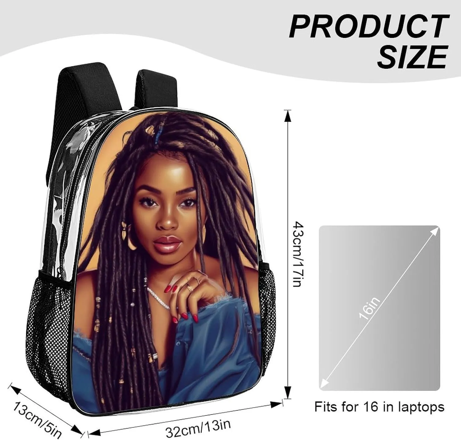 Men Women Lightweight African American Black Woman woman Art Daypack Bookbag Big Capacity Carry On Bag Transparent Bag for Camping Travel Bicycle