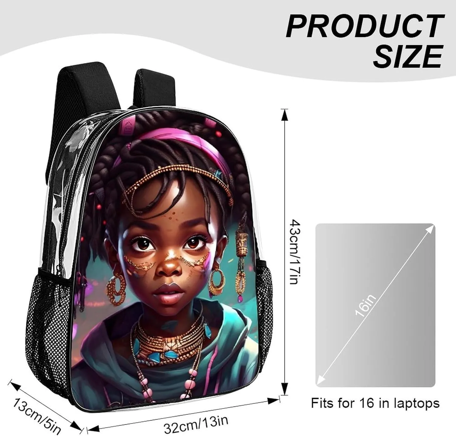 Men Women Lightweight African American Black Women Women Art Backpack Large Capacity Carry On Bag Transparent Bag for Sports Work Walking Cycling