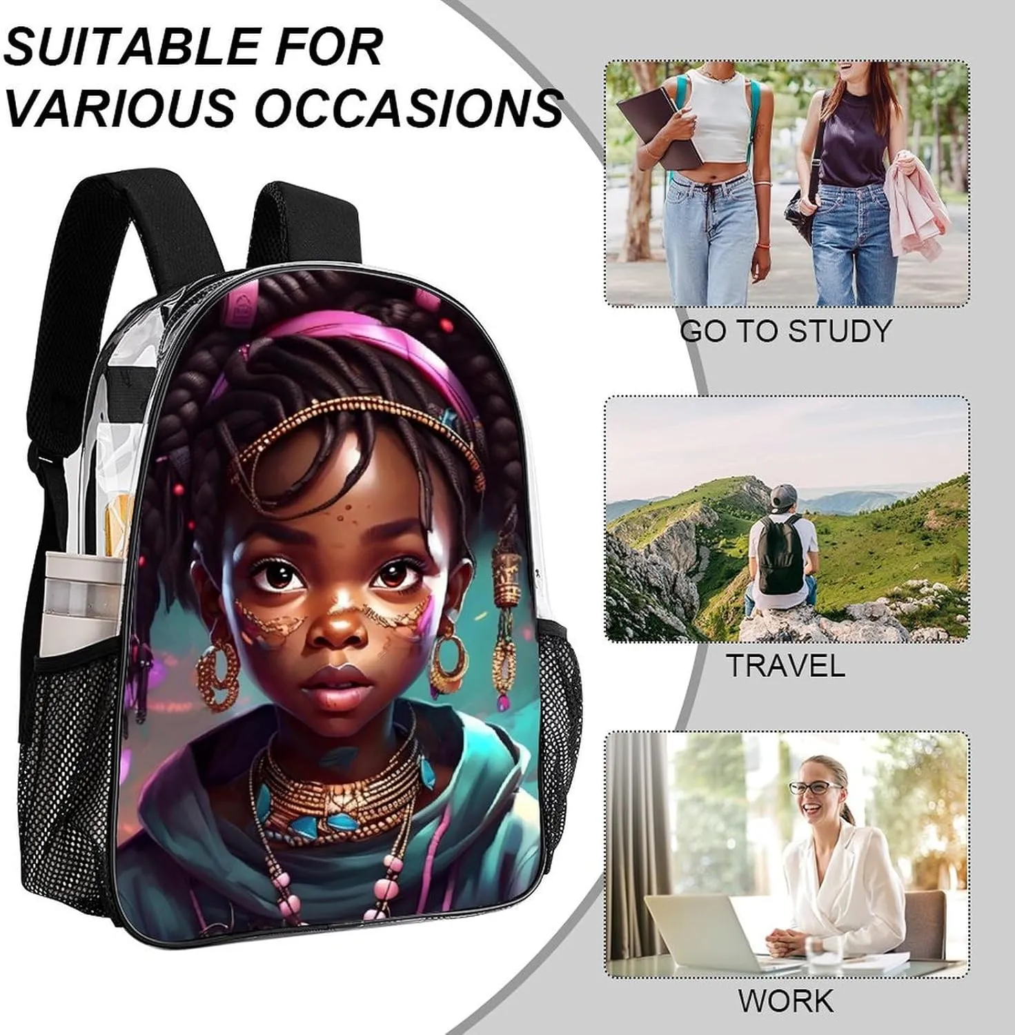 Men Women Lightweight African American Black Women Women Art Backpack Large Capacity Carry On Bag Transparent Bag for Sports Work Walking Cycling