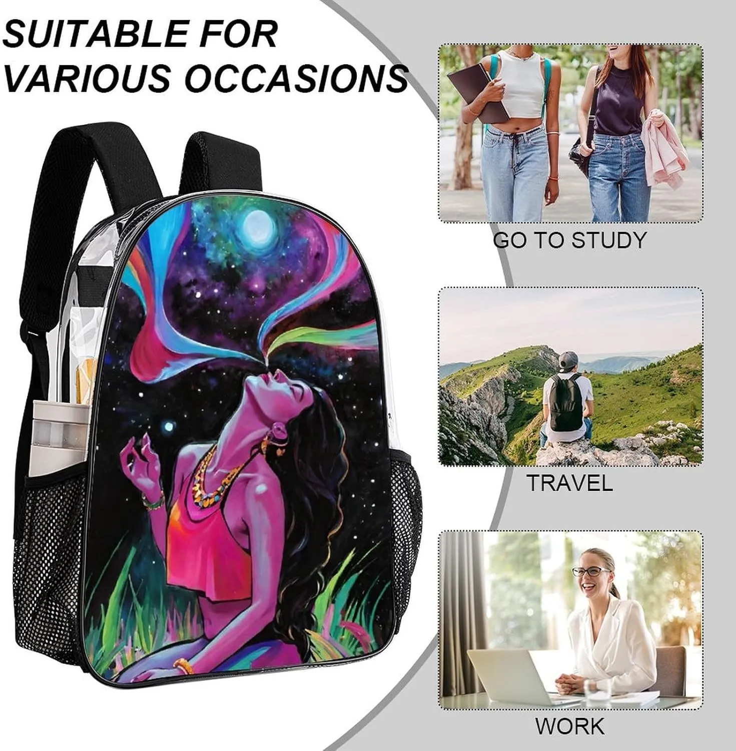Men Women Lightweight Trippy Galaxy Women Rainbow Art Daypack Bookbag Big Capacity Carry On Bag Transparent Bag for Camping Travel Bicycle