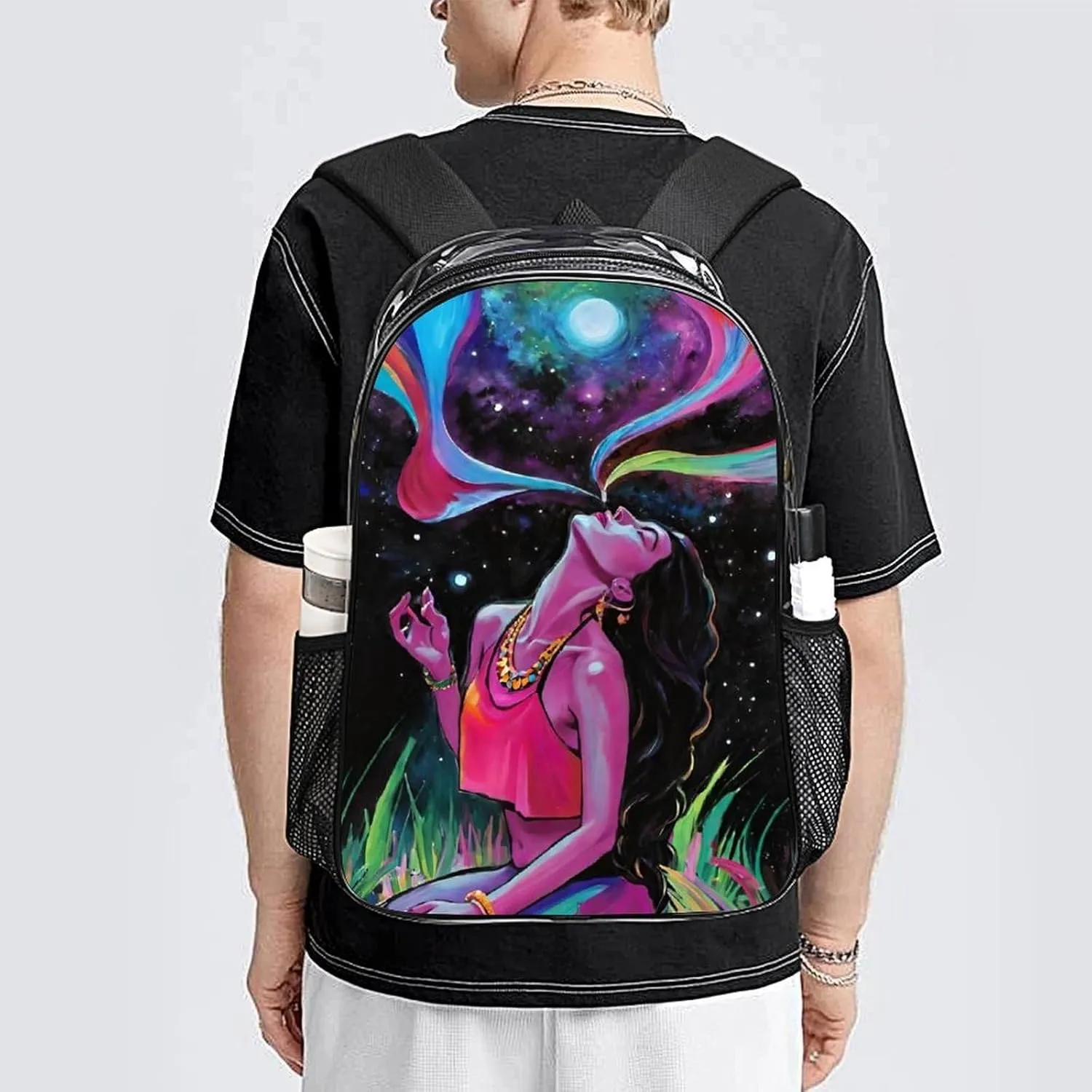 Men Women Lightweight Trippy Galaxy Women Rainbow Art Daypack Bookbag Big Capacity Carry On Bag Transparent Bag for Camping Travel Bicycle