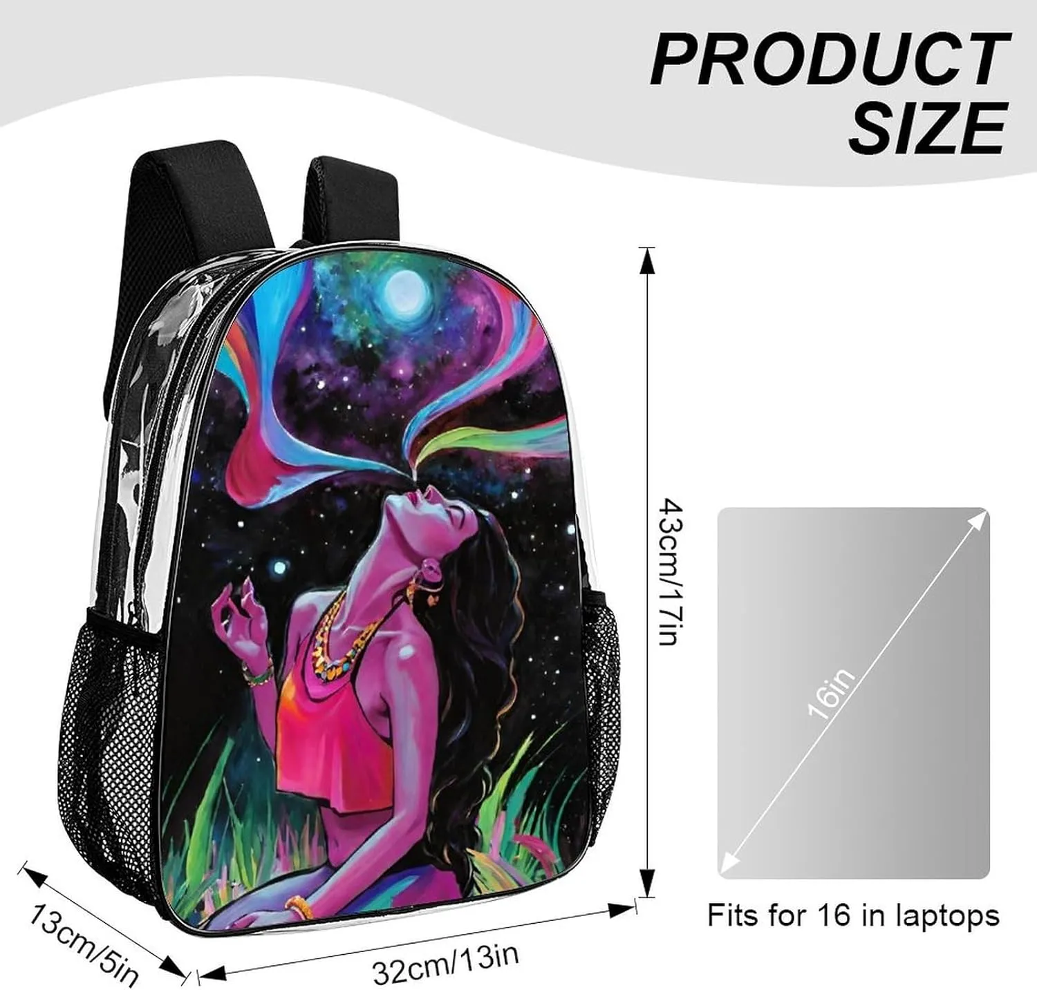 Men Women Lightweight Trippy Galaxy Women Rainbow Art Daypack Bookbag Big Capacity Carry On Bag Transparent Bag for Camping Travel Bicycle
