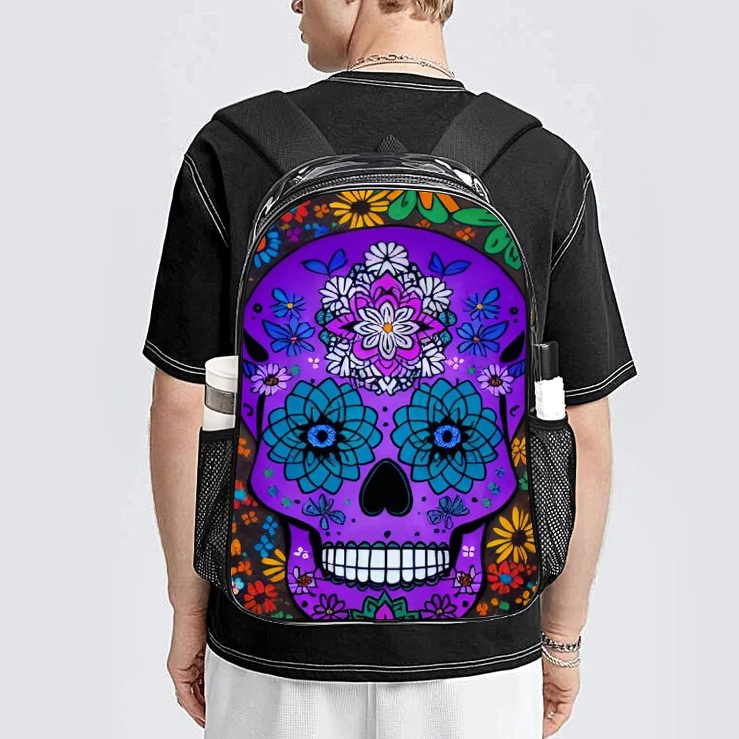 Men Women Transparent Grunge Mexican Sugar Skulls Day Of The Dead Flowers Art Daypack Big Capacity Shoulder Bag With Adjustable Shoulder Straps for Camping Travel Walking Cycling