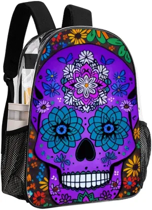 Men Women Transparent Grunge Mexican Sugar Skulls Day Of The Dead Flowers Art Daypack Big Capacity Shoulder Bag With Adjustable Shoulder Straps for Camping Travel Walking Cycling