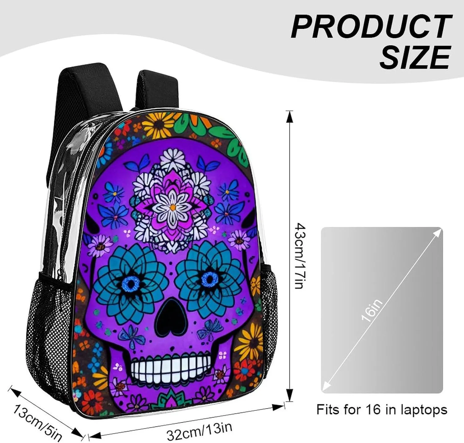 Men Women Transparent Grunge Mexican Sugar Skulls Day Of The Dead Flowers Art Daypack Big Capacity Shoulder Bag With Adjustable Shoulder Straps for Camping Travel Walking Cycling
