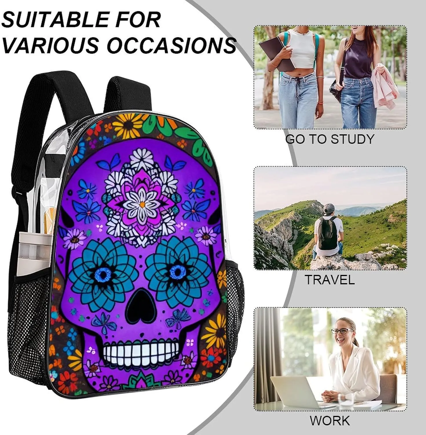 Men Women Transparent Grunge Mexican Sugar Skulls Day Of The Dead Flowers Art Daypack Big Capacity Shoulder Bag With Adjustable Shoulder Straps for Camping Travel Walking Cycling