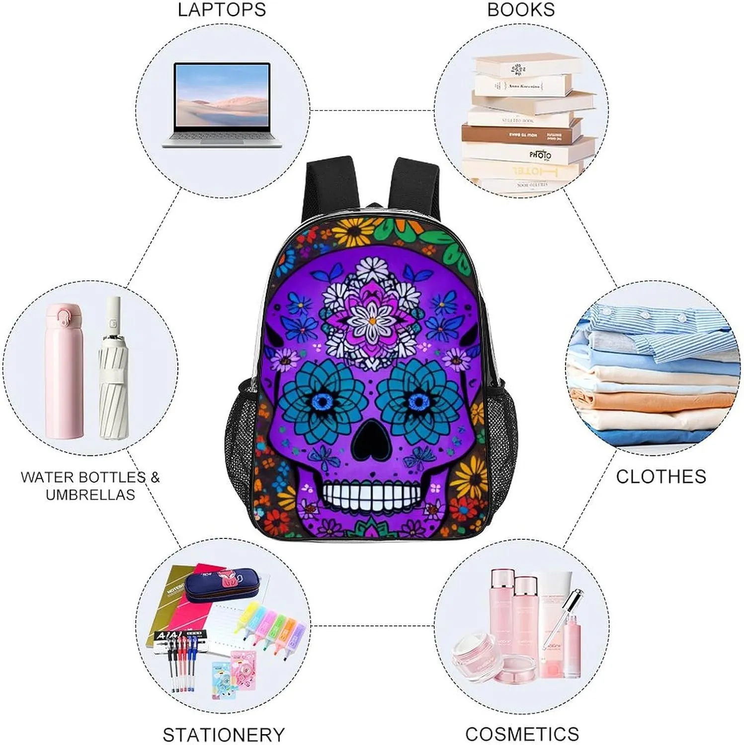 Men Women Transparent Grunge Mexican Sugar Skulls Day Of The Dead Flowers Art Daypack Big Capacity Shoulder Bag With Adjustable Shoulder Straps for Camping Travel Walking Cycling