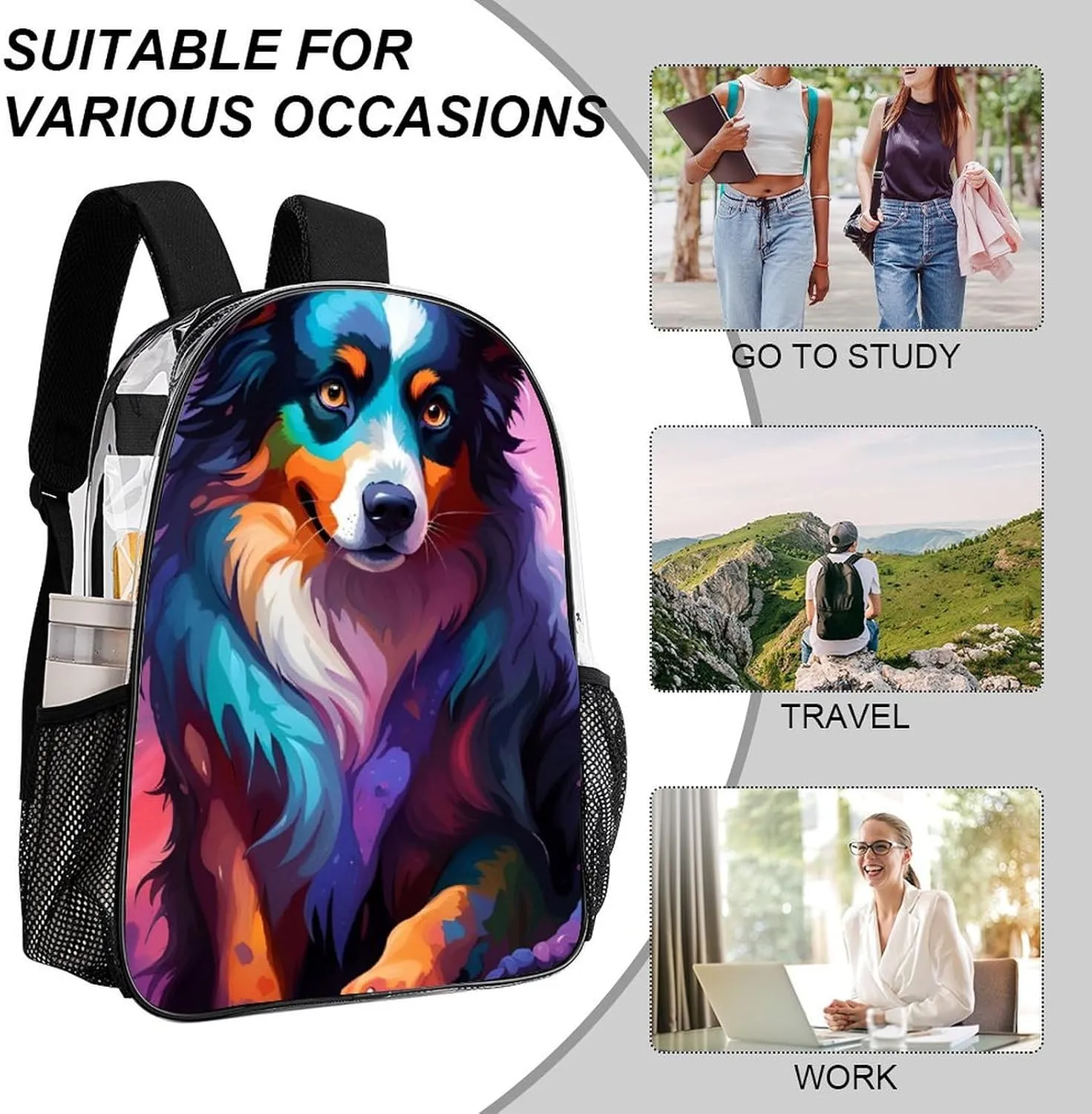 Men Women Transparent Lovely Alaska Dog Art Daypack Backpack Large Capacity Carry On Bag With Smooth Zippers for Hiking Picnic Walking Cycling