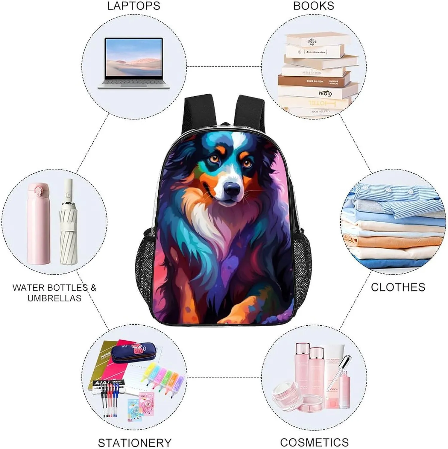 Men Women Transparent Lovely Alaska Dog Art Daypack Backpack Large Capacity Carry On Bag With Smooth Zippers for Hiking Picnic Walking Cycling