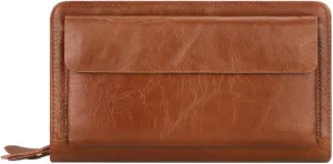 Mens Clutch Bag Brown Men's Long Leather Wallet First Layer Cowhide Fashion Clutch Double Zipper Unisex Business Bag