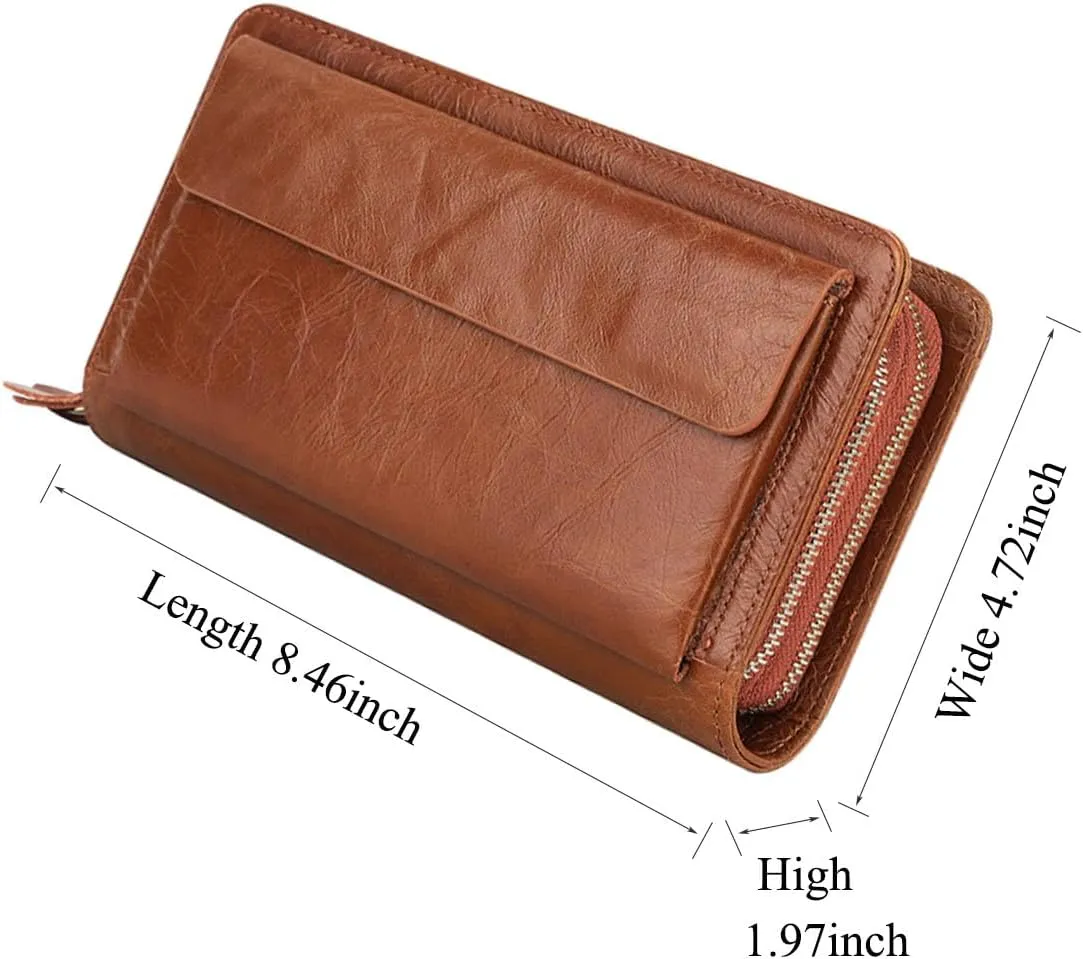 Mens Clutch Bag Brown Men's Long Leather Wallet First Layer Cowhide Fashion Clutch Double Zipper Unisex Business Bag