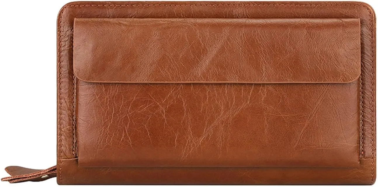 Mens Clutch Bag Brown Men's Long Leather Wallet First Layer Cowhide Fashion Clutch Double Zipper Unisex Business Bag