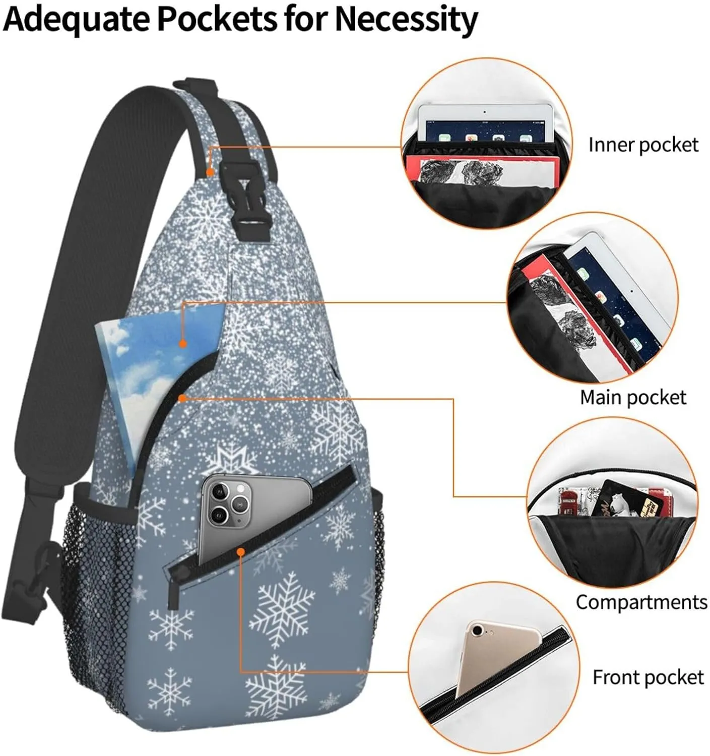 Merry Christmas White Snowflakes Cross Chest Bag Diagonally Hiking Crossbody Bag Travel Shoulder Daypack Lightweight Sling Backpack Cycling Daypacks Fitness Chest Backpacks