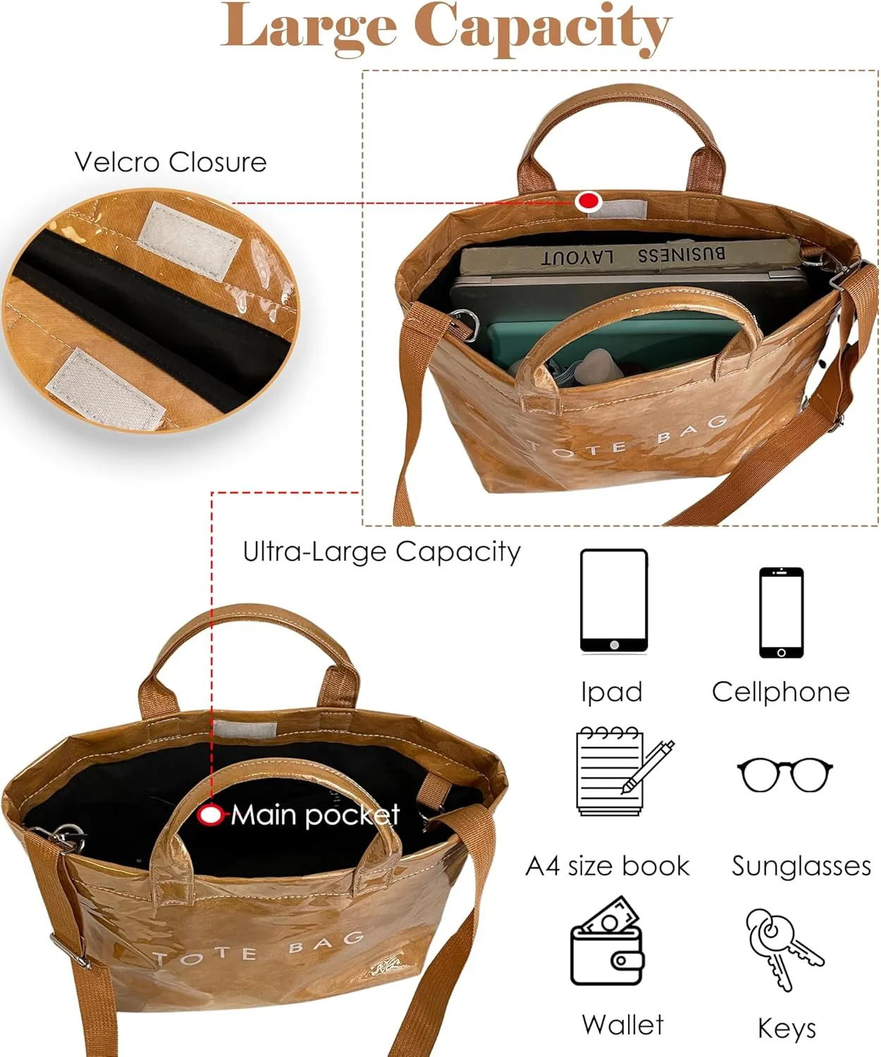 Micmores PVC Tote Bag for Women Letters Print Large Kraft Paper Handbag Top Handle Clear Hobo Crossbody Bag for Work Travel