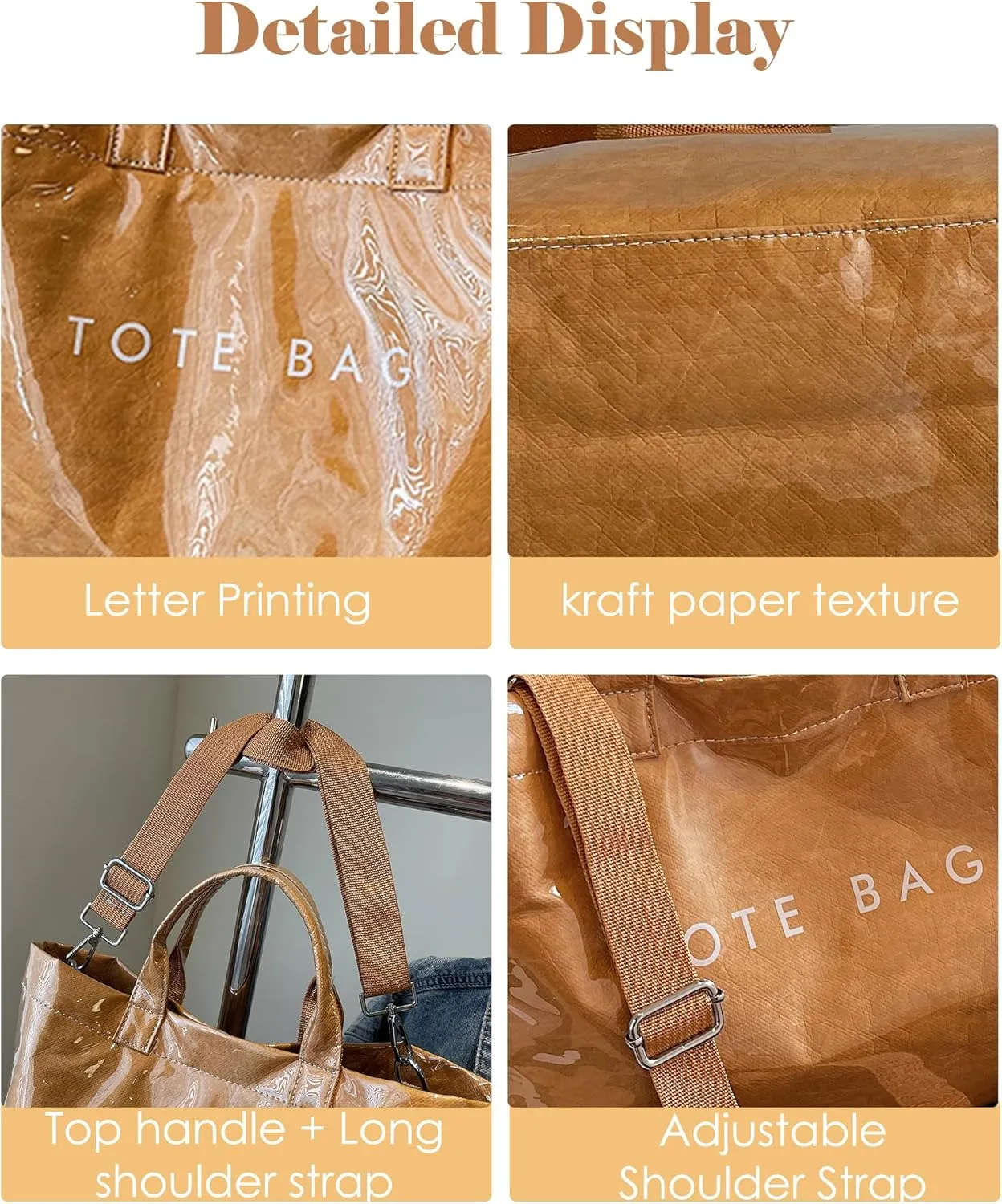 Micmores PVC Tote Bag for Women Letters Print Large Kraft Paper Handbag Top Handle Clear Hobo Crossbody Bag for Work Travel