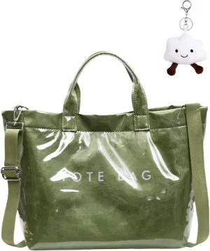 Micmores PVC Tote Bag for Women Letters Print Large Kraft Paper Handbag Top Handle Clear Hobo Crossbody Bag for Work Travel