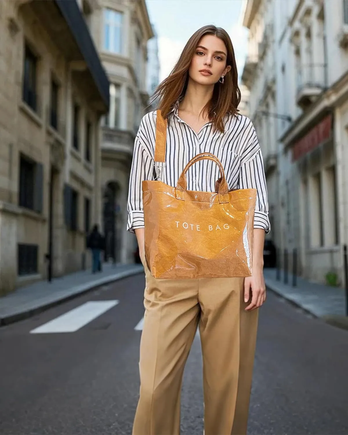 Micmores PVC Tote Bag for Women Letters Print Large Kraft Paper Handbag Top Handle Clear Hobo Crossbody Bag for Work Travel