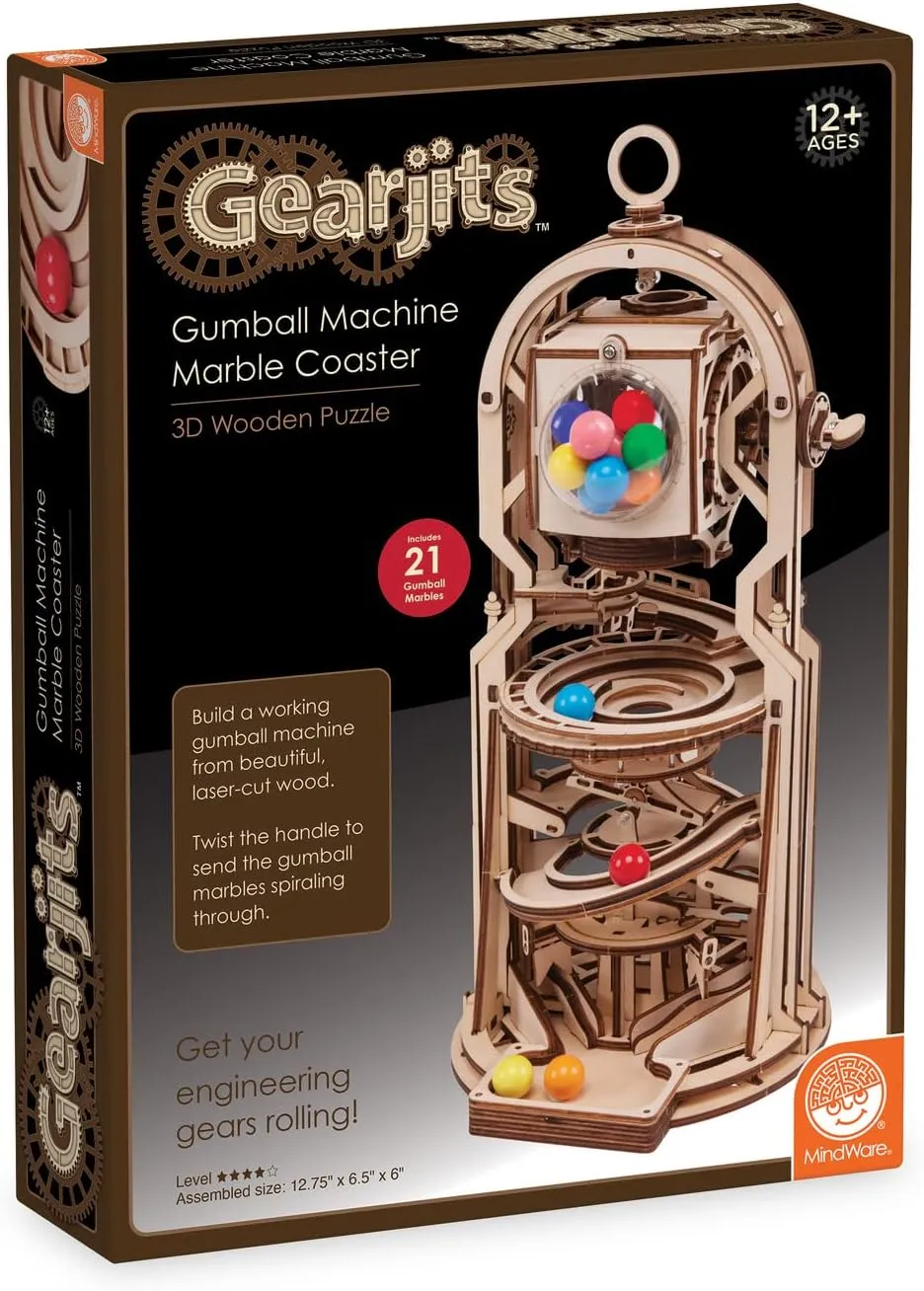 MindWare Gearjits: Gumball Machine Marble Coaster – Wooden 3D Building Puzzle for Teens & Adults – DIY STEM Building Toys for Kids – Fun for Adults Too – Ages 12 and Up