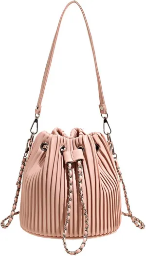 Mini Bucket Bag Pleated Leather Bucket Purse Vintage Purse Bag with Drawstring Crossbody Small Handbag
